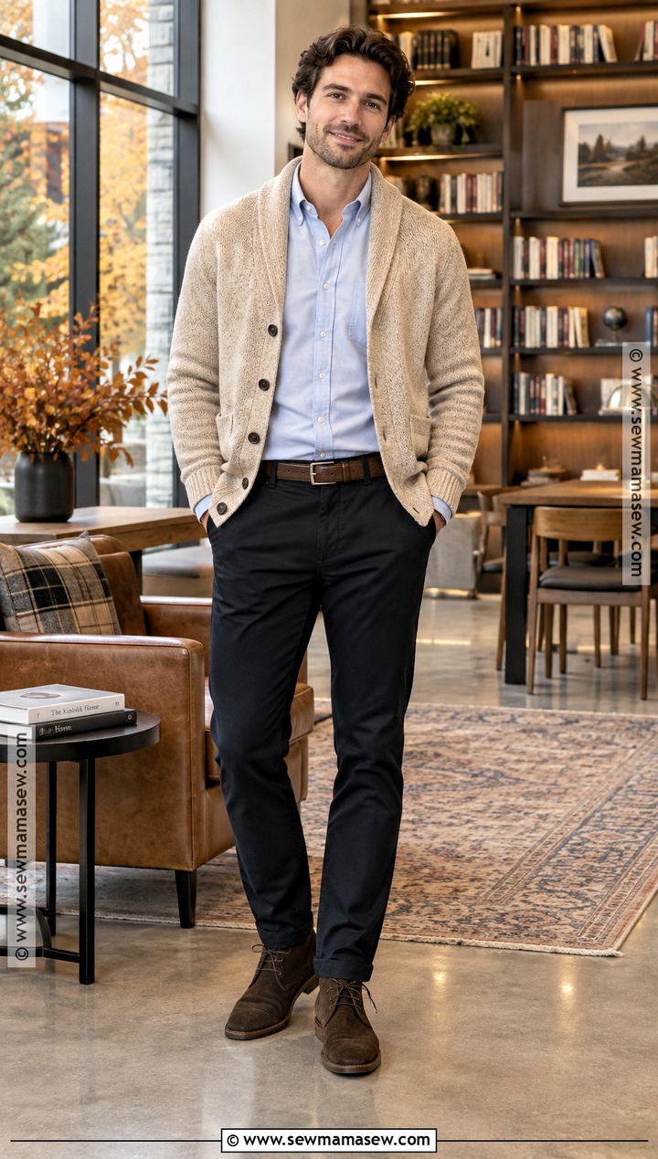 Black Chinos With Cardigan And Oxford Shirt - 15 Black Pants Fall Outfit for Men