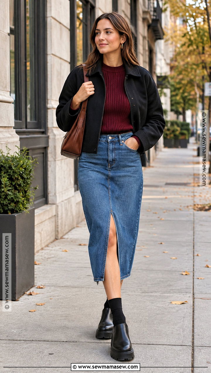 Black Clogs With A Denim Midi Skirt - 15 Black Clogs Outfit Fall Ideas