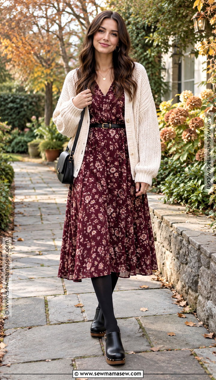 Black Clogs With A Floral Midi Dress - 15 Black Clogs Outfit Fall Ideas