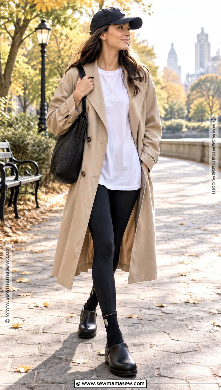 Black Clogs With Leggings And A Trench Coat - 15 Black Clogs Outfit Fall Ideas