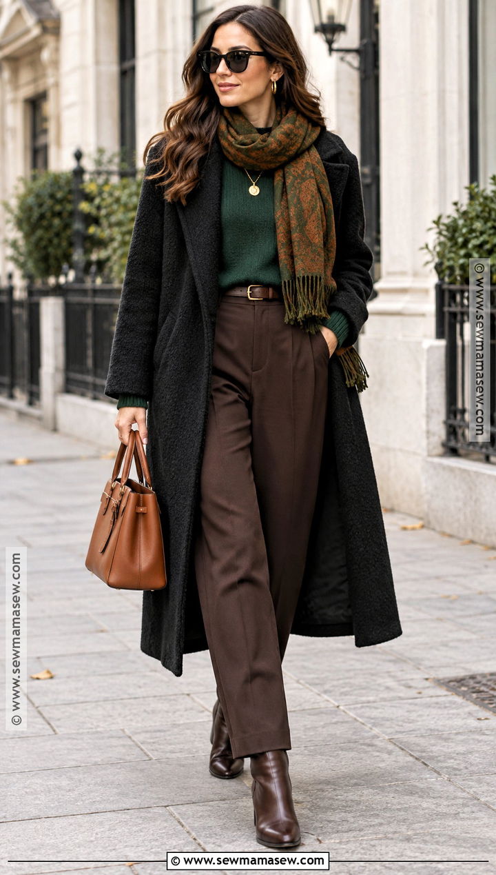 Black Coat And Forest Green Knit Outfit - 15 Can Dark Autumn Wear Black Ideas