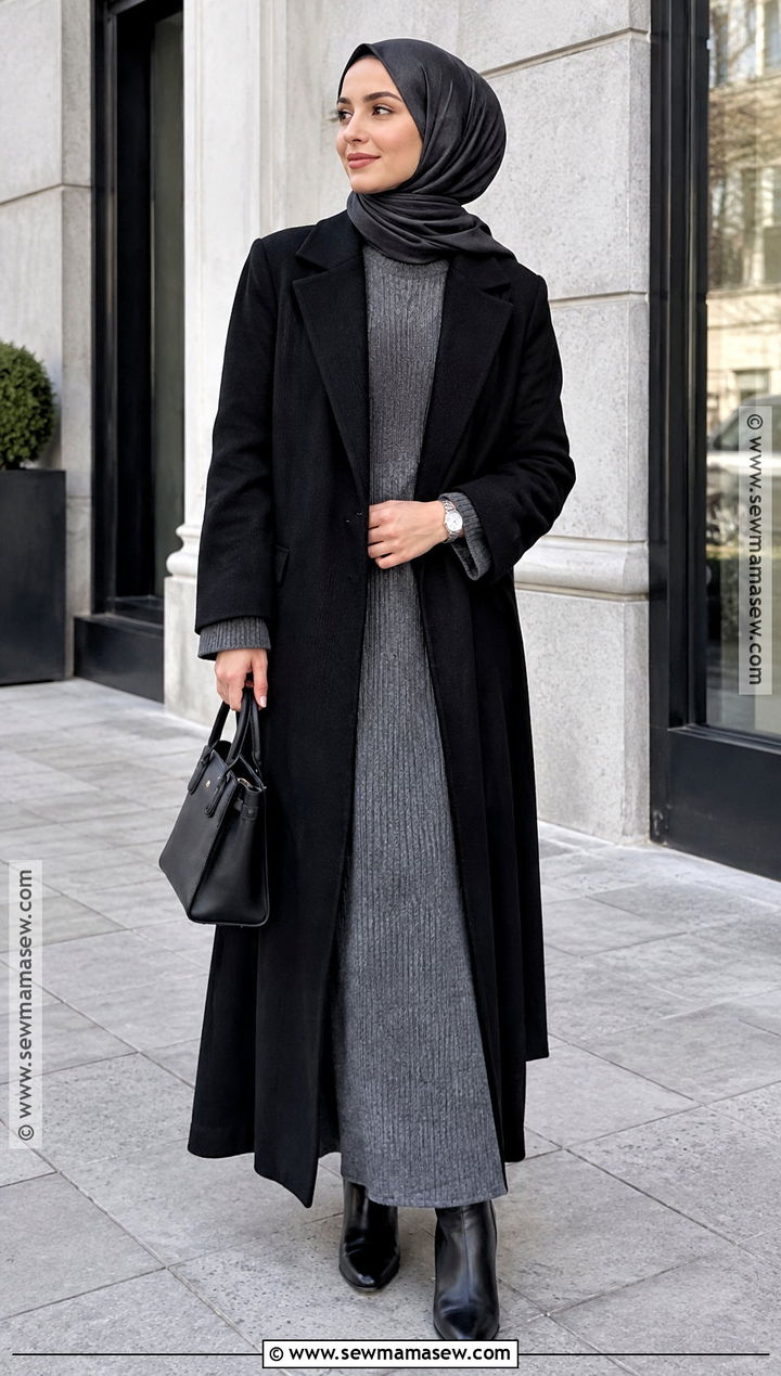Black Coat And Gray Hijabi Fall Outfit - 20 Fall Hijabi Outfits Aesthetic