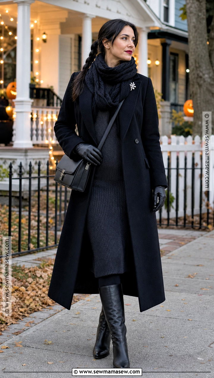 Black Coat And Knit Dress Halloween Outfit - 30 black halloween outfit ideas