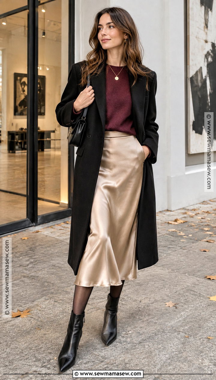 Black Coat With Burgundy Sweater And Satin Midi Skirt - 20 Autumn Outfits Black Coat