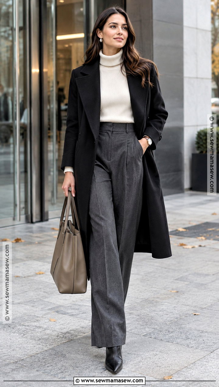 Black Coat With Cream Turtleneck And Tailored Trousers - 20 Autumn Outfits Black Coat