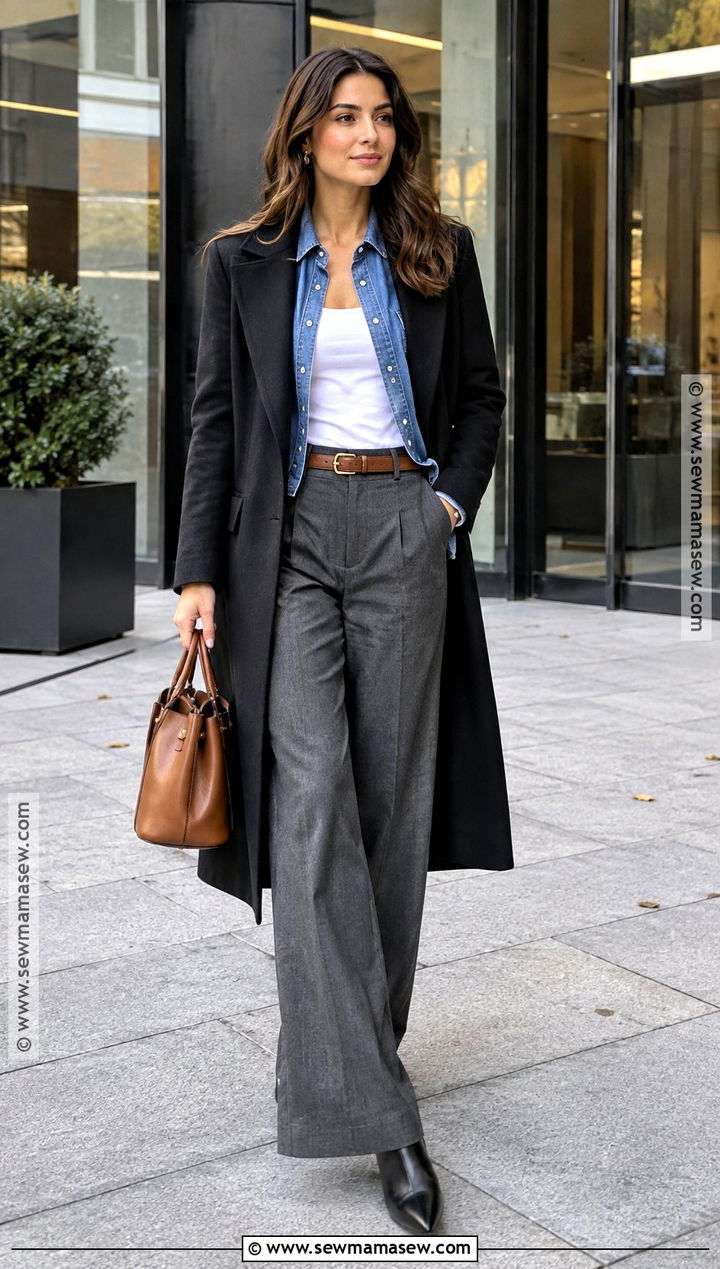 Black Coat With Denim Shirt And Wide Leg Trousers - 20 Autumn Outfits Black Coat