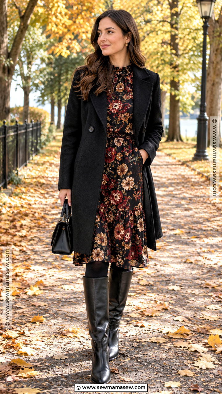 Black Coat With Floral Midi Dress And Boots - 20 Autumn Outfits Black Coat