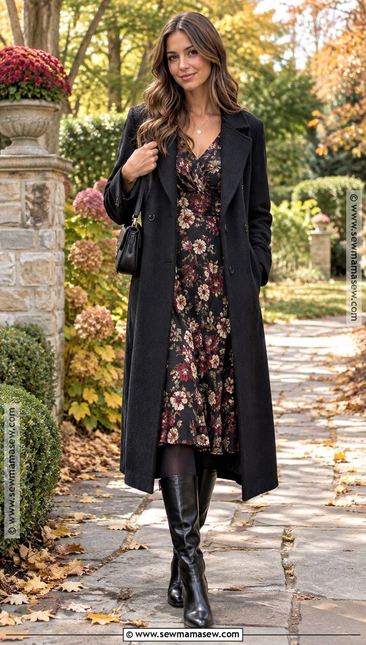 Black Coat With Floral Midi Dress - 20 black coat autumn outfit ideas