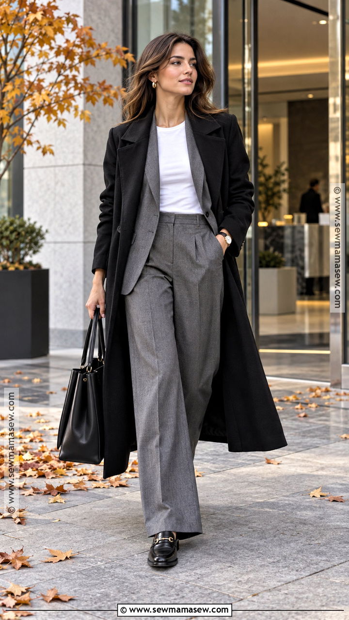 Black Coat With Gray Suit And Loafers - 20 Autumn Outfits Black Coat