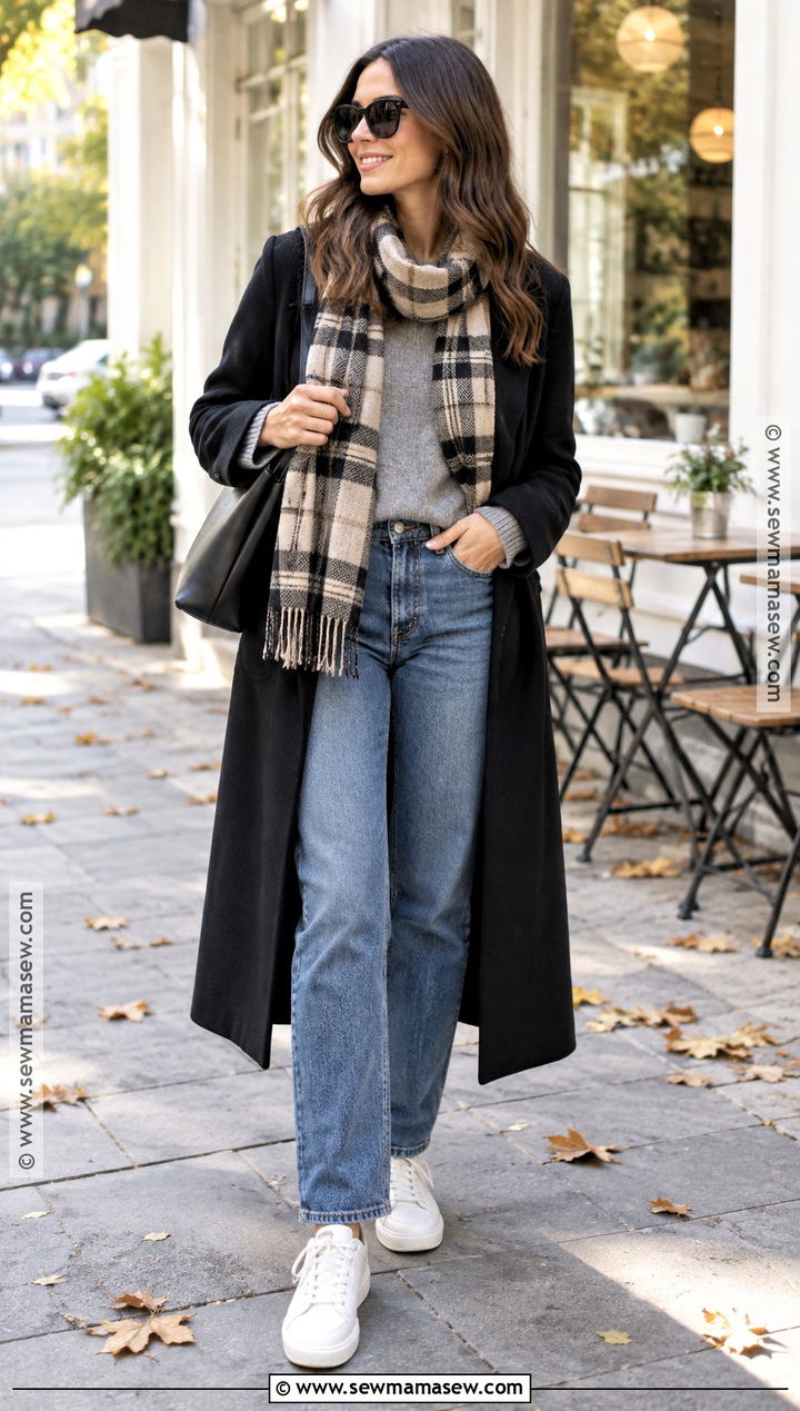 Black Coat With Gray Sweater And Blue Jeans - 20 Autumn Outfits Black Coat