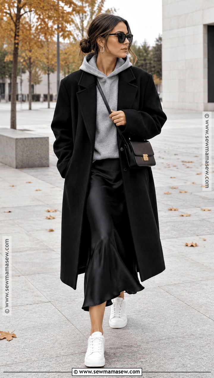 Black Coat With Hoodie And Satin Skirt - 20 Autumn Outfits Black Coat
