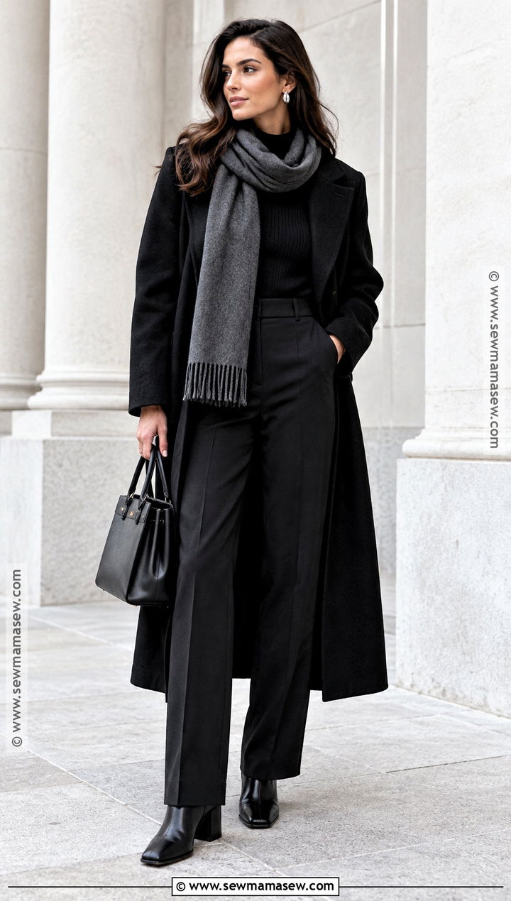 Black Coat With Knit Top and Straight Leg Pants - 15 autumn winter capsule wardrobe ideas 2026