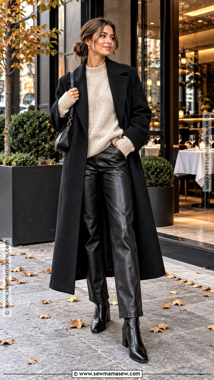 Black Coat With Leather Pants And Knit Sweater - 20 Autumn Outfits Black Coat