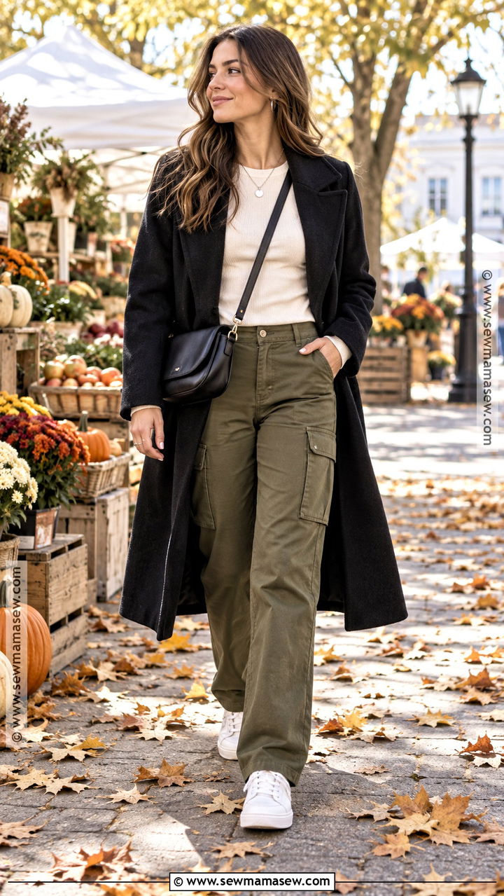 Black Coat With Olive Cargo Pants And Sneakers - 20 Autumn Outfits Black Coat