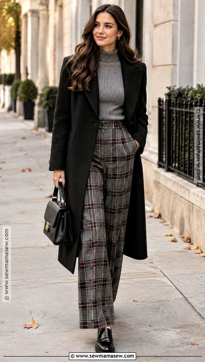 Black Coat With Plaid Trousers - 20 black coat autumn outfit ideas