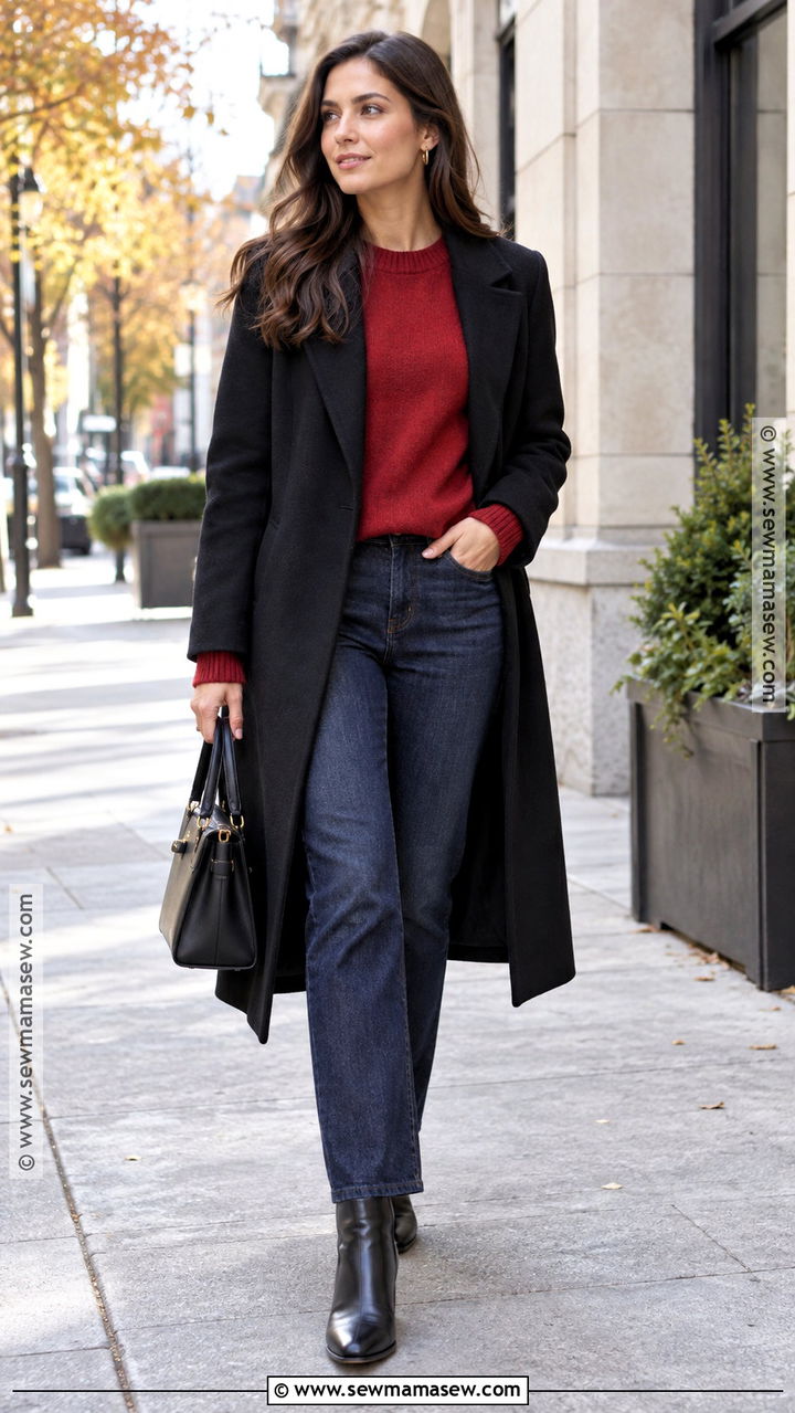 Black Coat With Red Sweater And Dark Jeans - 20 Autumn Outfits Black Coat