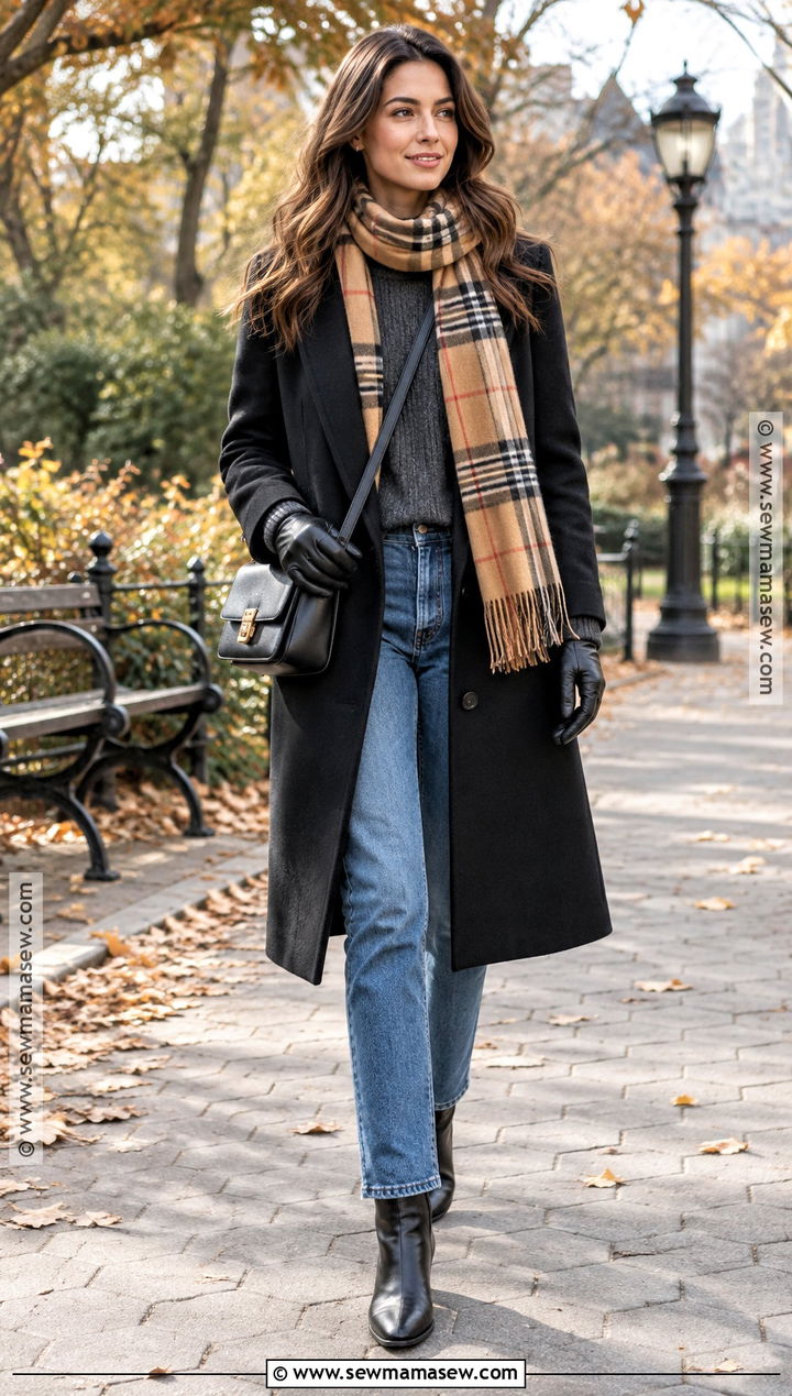 Black Coat With Scarf And Ankle Boots - 20 black coat autumn outfit ideas