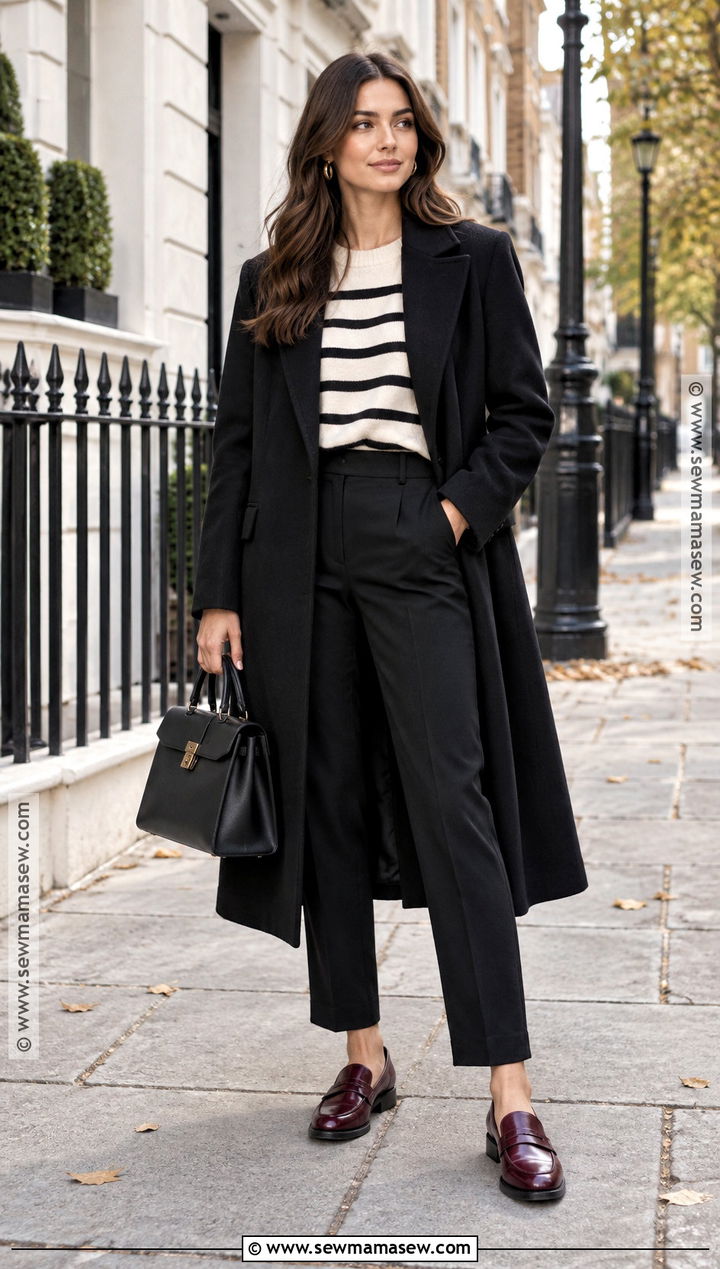 Black Coat With Striped Sweater And Black Trousers - 20 Autumn Outfits Black Coat