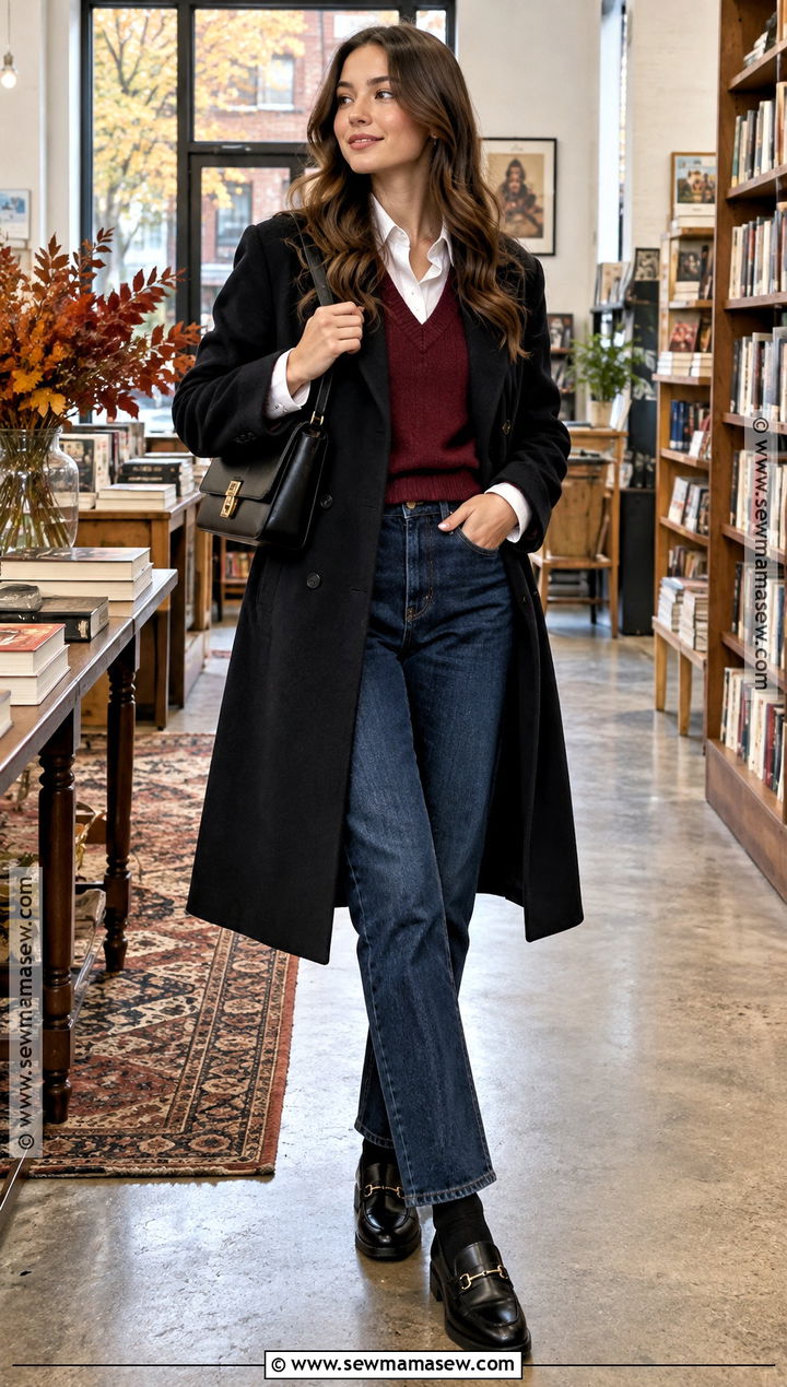 Black Coat With White Shirt And Sweater Vest - 20 Autumn Outfits Black Coat