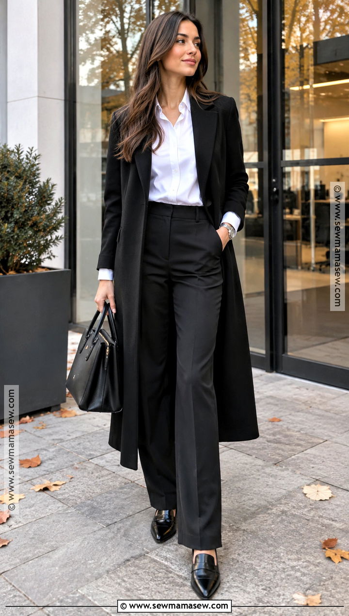 Black Coat With White Shirt And Trousers - 20 black coat autumn outfit ideas