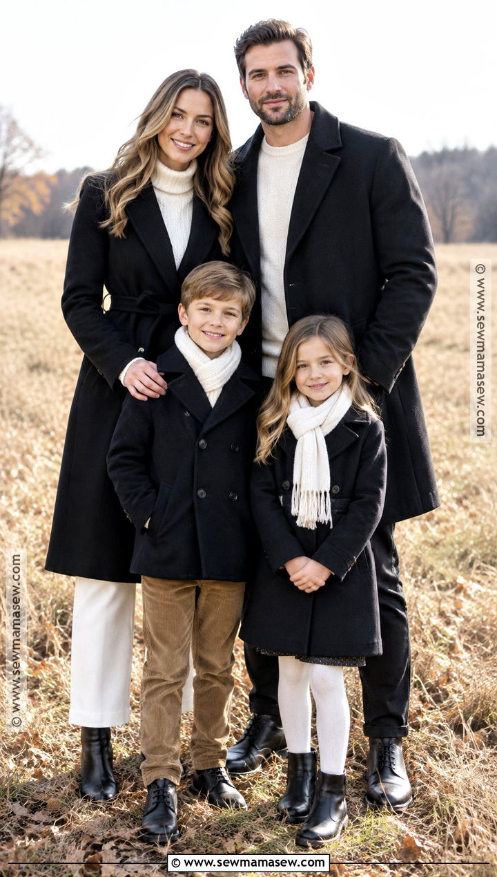 Black Coats And White Layered Basics Family Outfit - 15 Fall Family Photos Black And White Outfits