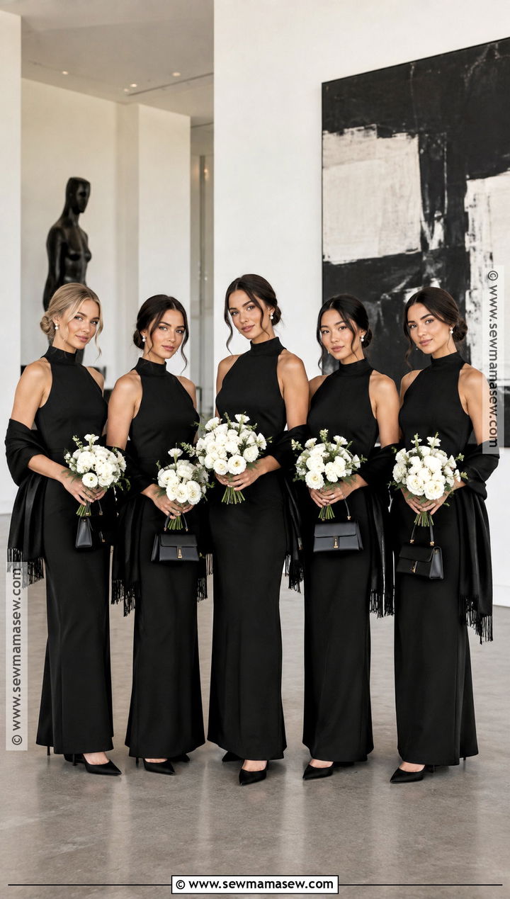 Black Column Bridesmaid Dress With White Flowers - 15 Fall Wedding With Black Bridesmaid Dresses
