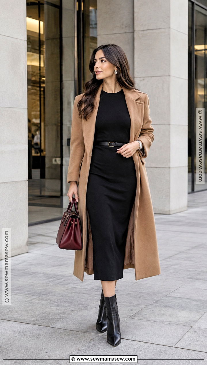Black Column Dress With Long Coat - 15 best fall dresses
