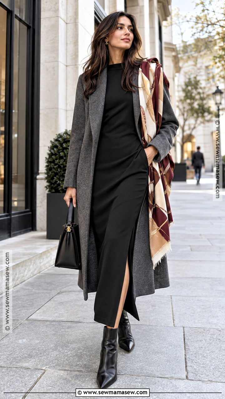 Black Column Dress With Scarf And Pointed Boots - 20 fall black dress ideas