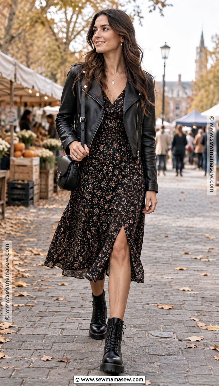 Black Combat Boots With Floral Midi Dress - 25 black boots outfit fall