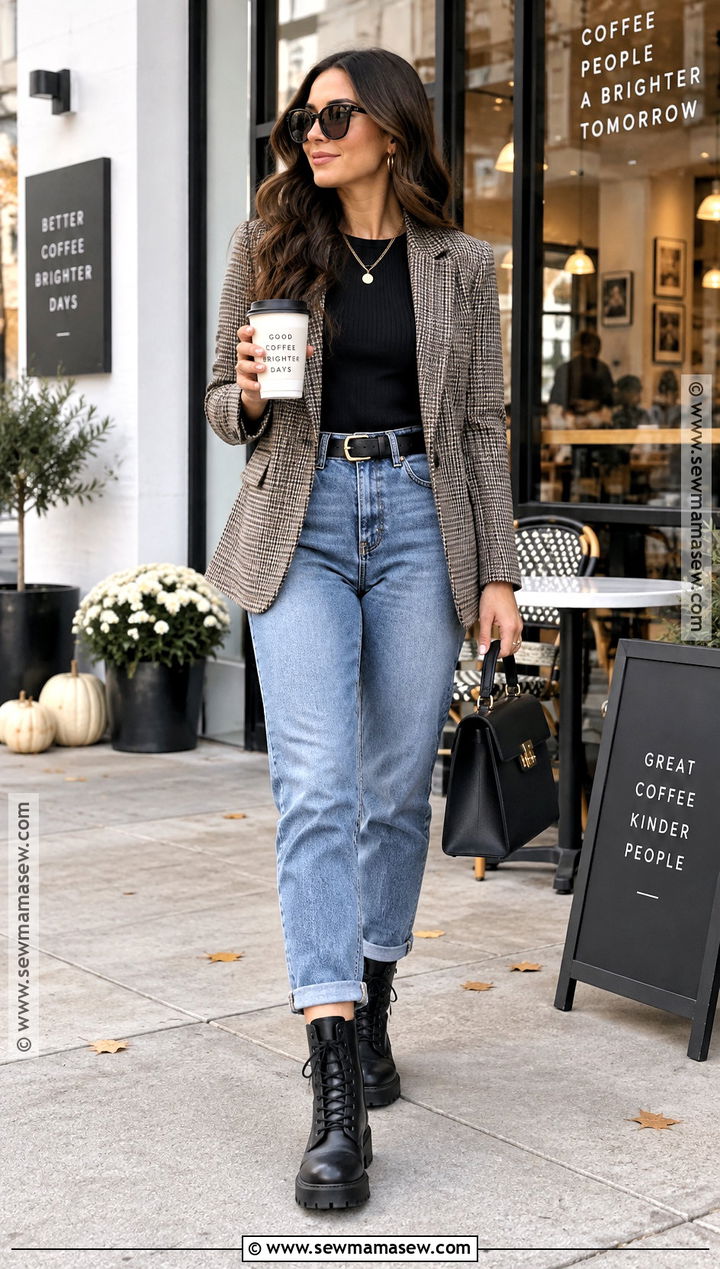 Black Combat Boots With Mom Jeans And Blazer - 20 black combat boots outfit fall