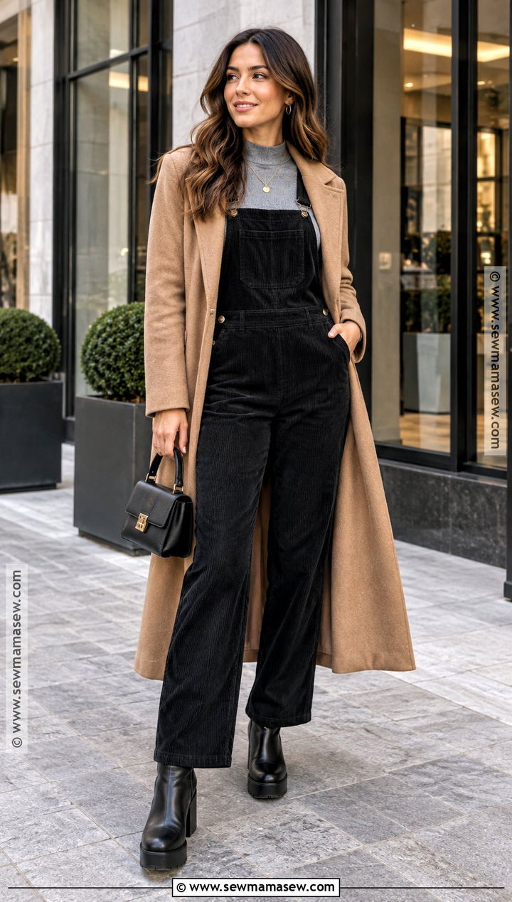 Black Corduroy Overalls With Mock Neck Top And Platform Boots - 15 Cute Fall Outfits Overalls