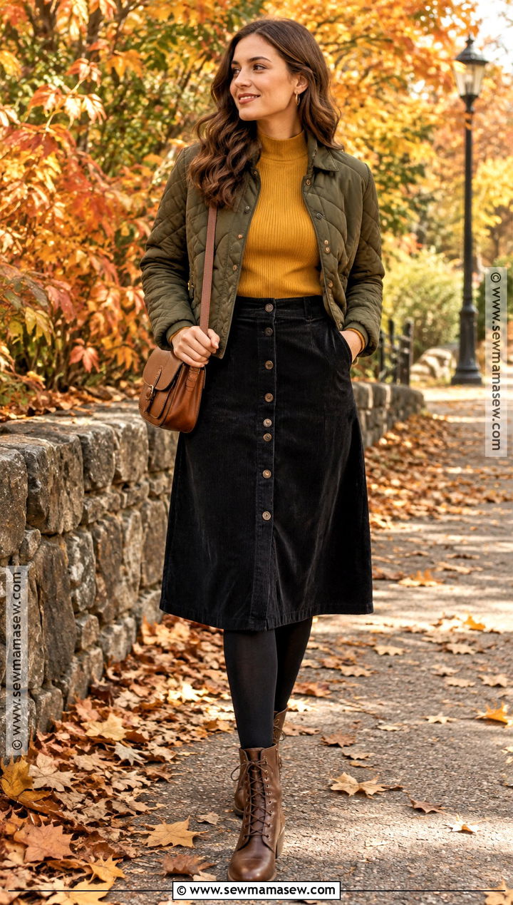 Black Corduroy Skirt With Mock Neck Sweater - 25 black skirt outfit fall ideas