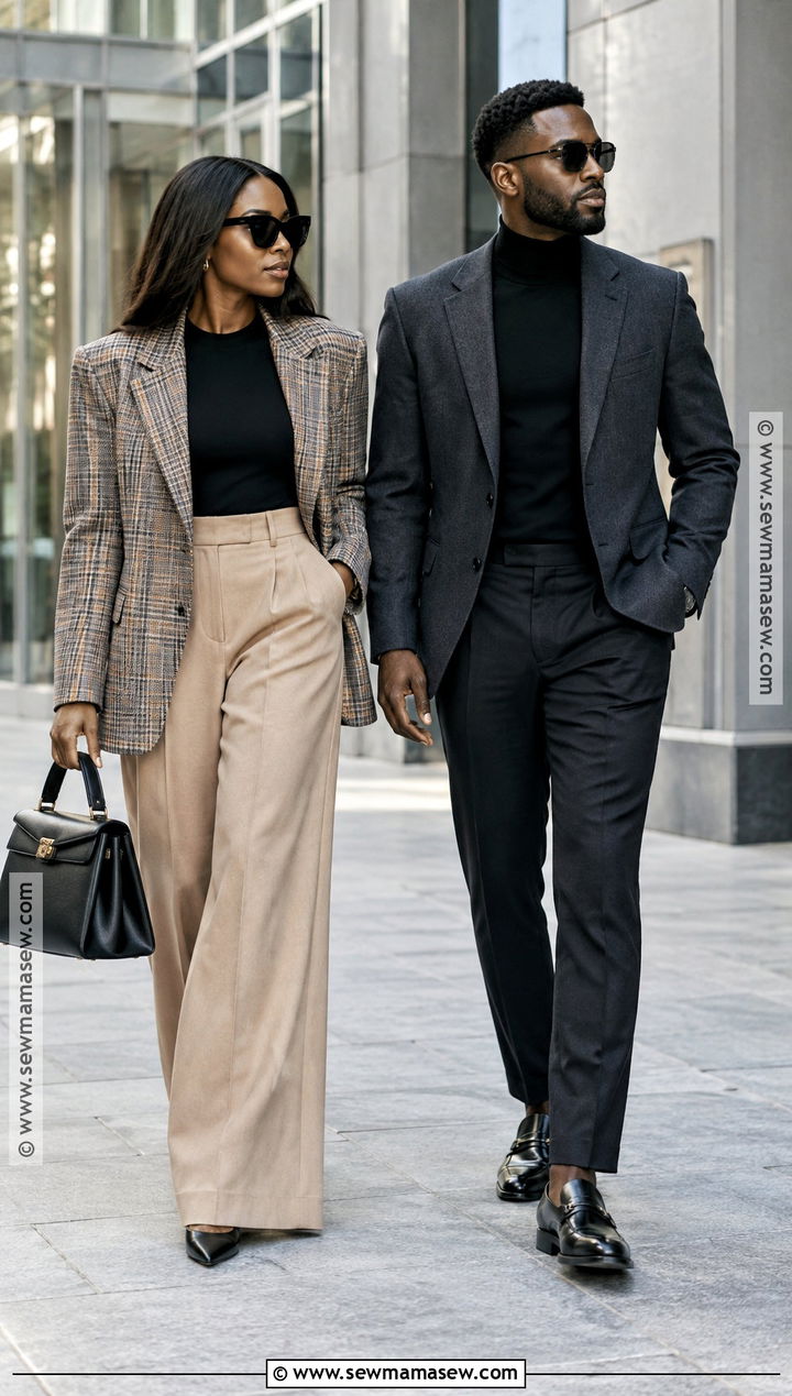Black Couple Blazer And Wide Leg Pants Outfit - 15 Black Couples Fall Outfits