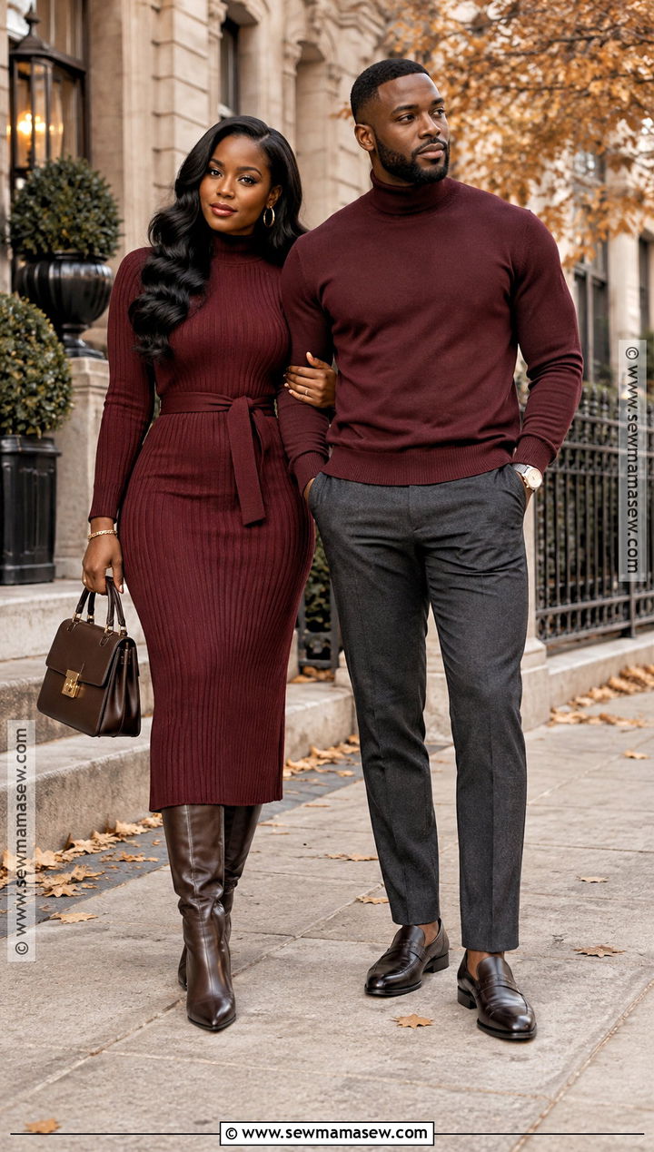 Black Couple Burgundy Monochrome Fall Outfit - 15 Black Couples Fall Outfits
