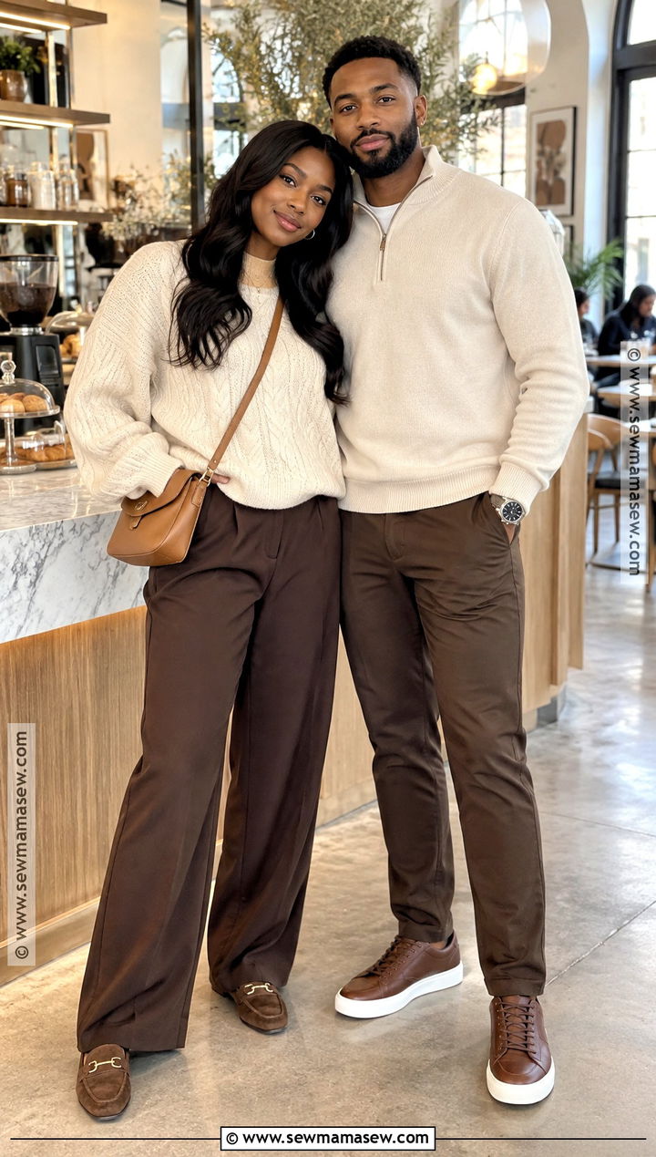 Black Couple Cream Sweater And Brown Pants Outfit - 15 Black Couples Fall Outfits