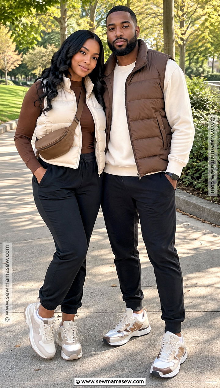 Black Couple Puffer Vest And Joggers Outfit - 15 Black Couples Fall Outfits