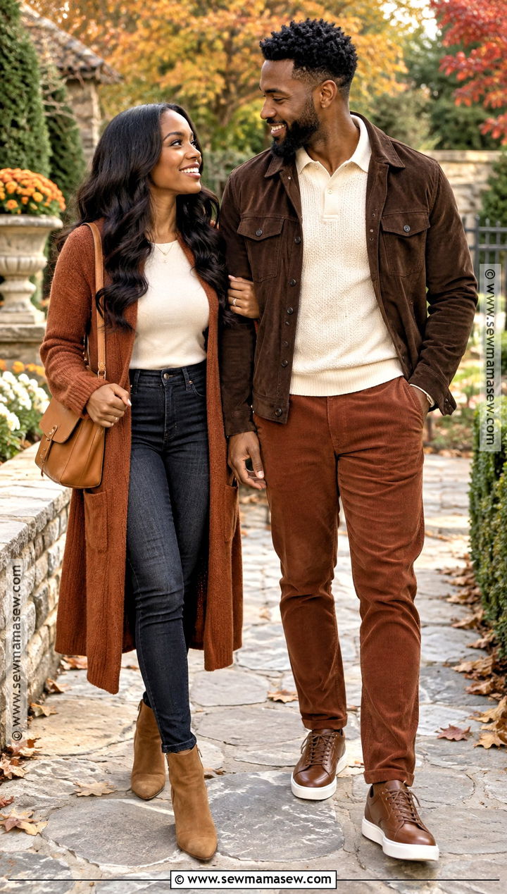 Black Couple Rust Cardigan And Corduroy Outfit - 15 Black Couples Fall Outfits