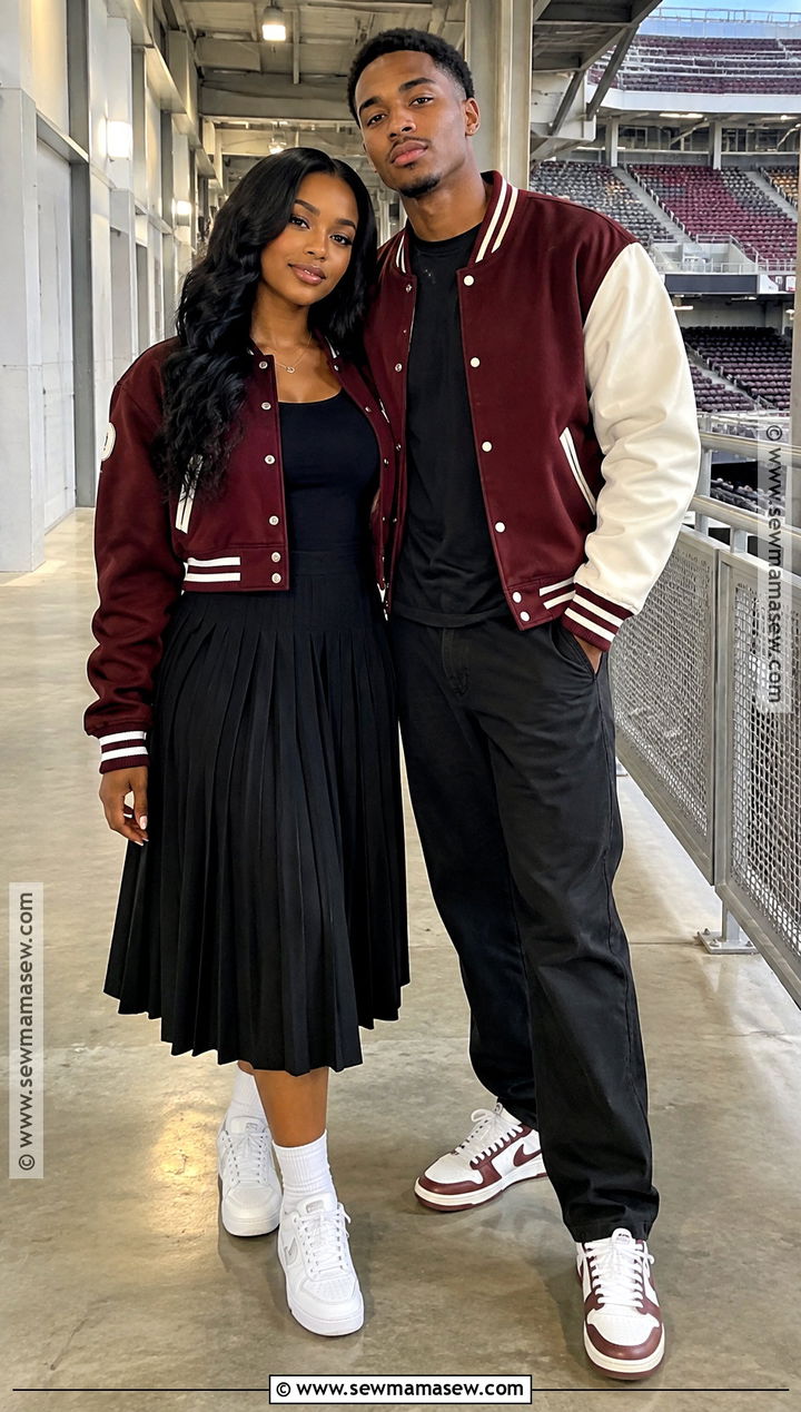 Black Couple Varsity Jacket And Sneakers Outfit - 15 Black Couples Fall Outfits