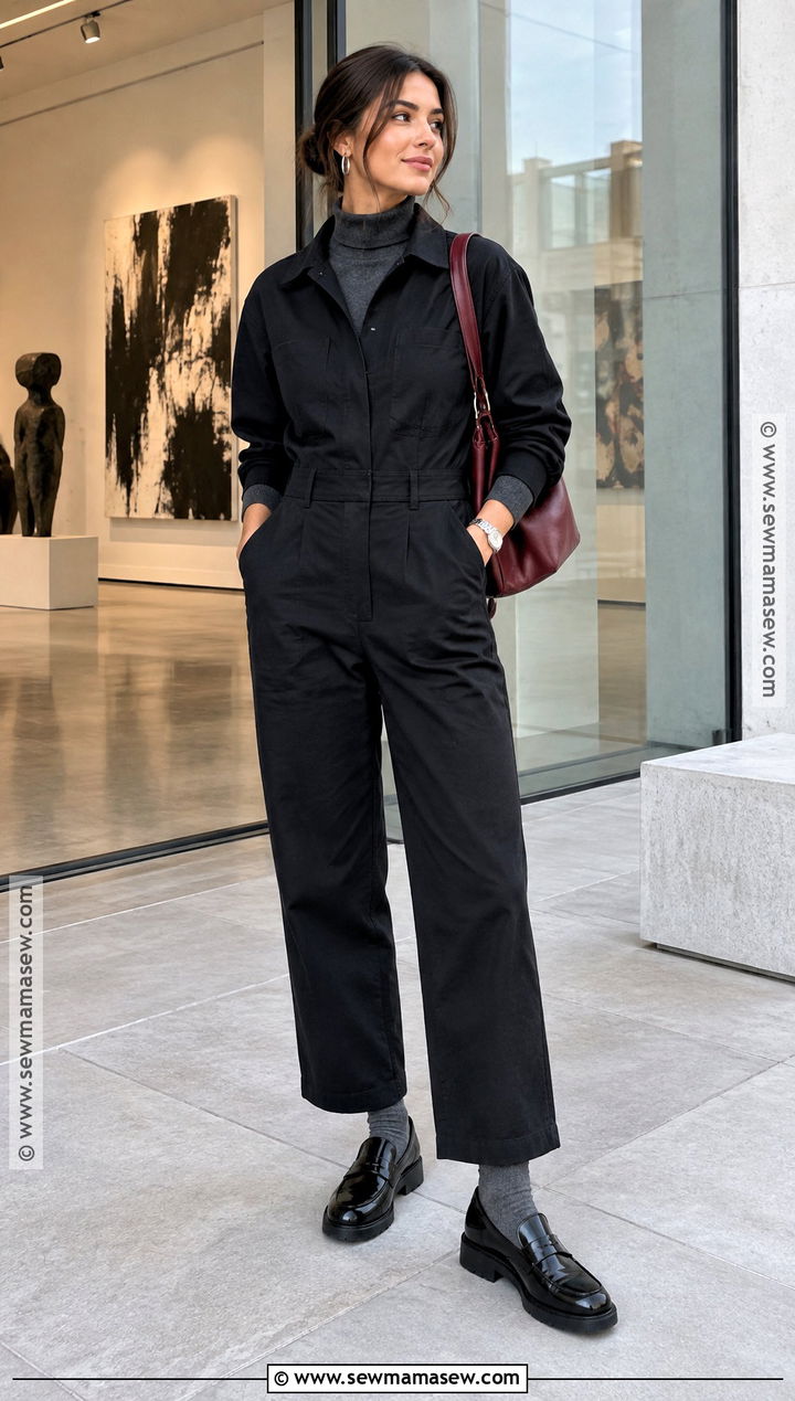 Black Coverall With Turtleneck And Loafers - 15 fall coverall outfit ideas