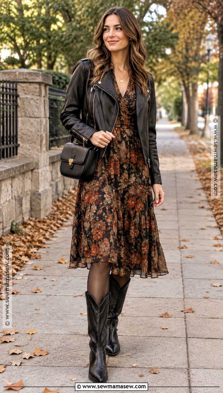 Black Cowboy Boots With Floral Midi Dress - 20 black cowboy boots outfit fall