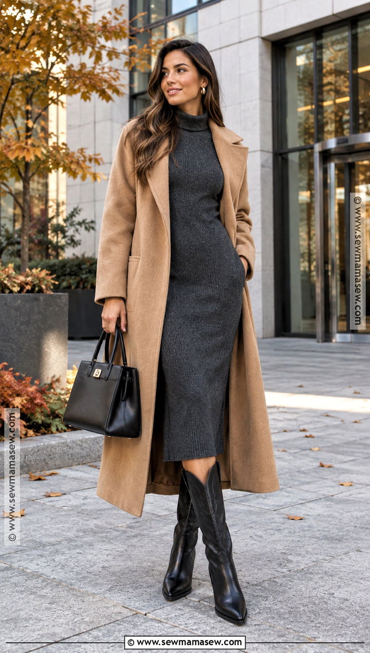 Black Cowboy Boots With Long Coat And Knit Dress - 20 Cowboy Boot Fall Outfits