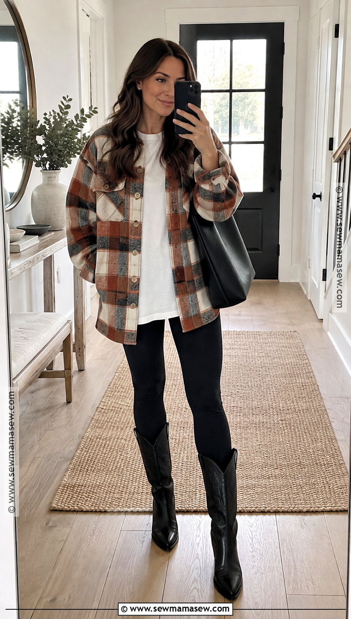 Black Cowboy Boots With Plaid Shacket And Leggings - 20 Cowboy Boot Fall Outfits