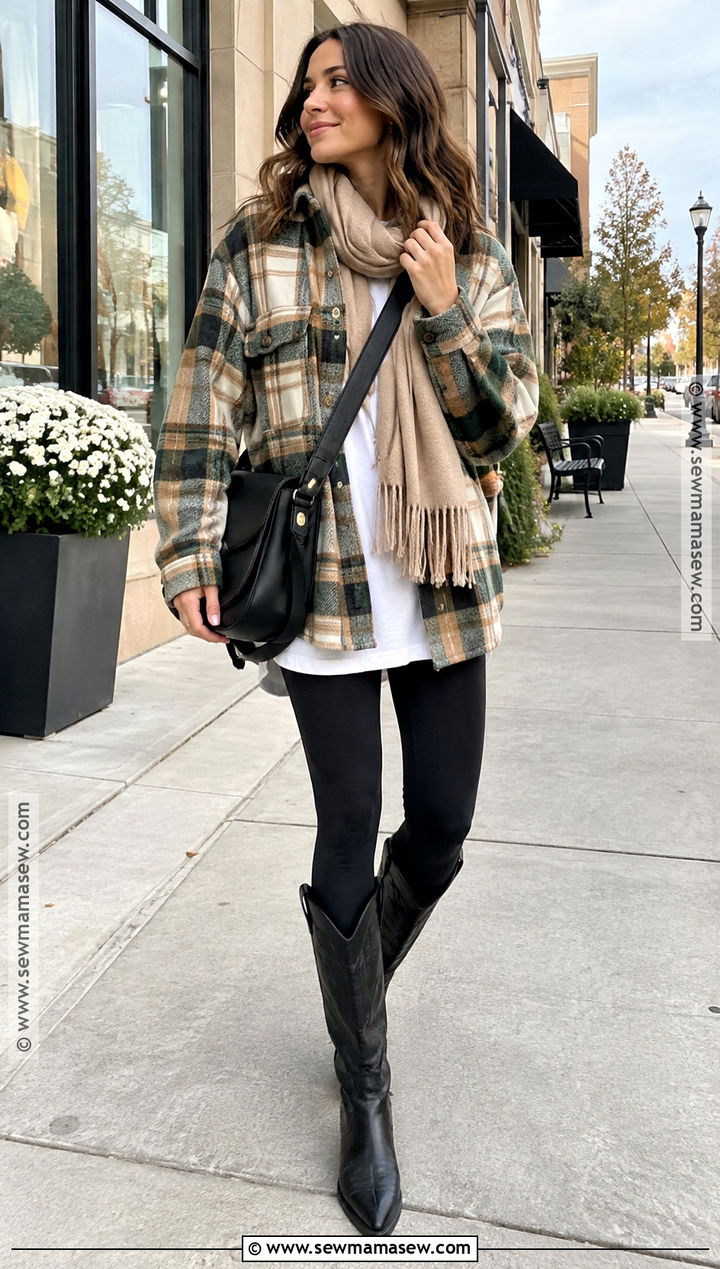 Black Cowgirl Boots With Leggings and a Shacket - 15 Black Cowgirl Boot Outfit Fall Ideas