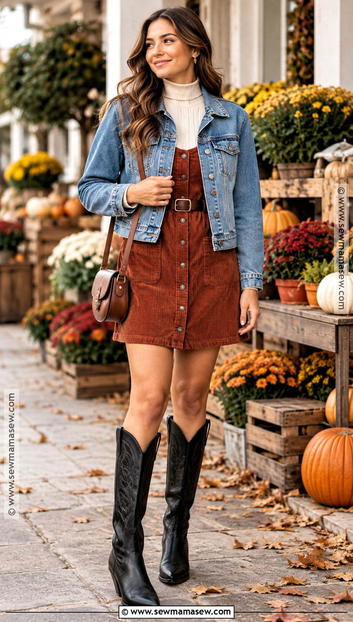 Black Cowgirl Boots With a Corduroy Dress - 15 Black Cowgirl Boot Outfit Fall Ideas