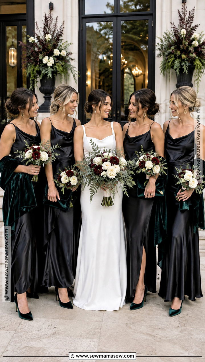 Black Cowl Neck Bridesmaid Dress With Forest Green Details - 15 Fall Wedding With Black Bridesmaid Dresses