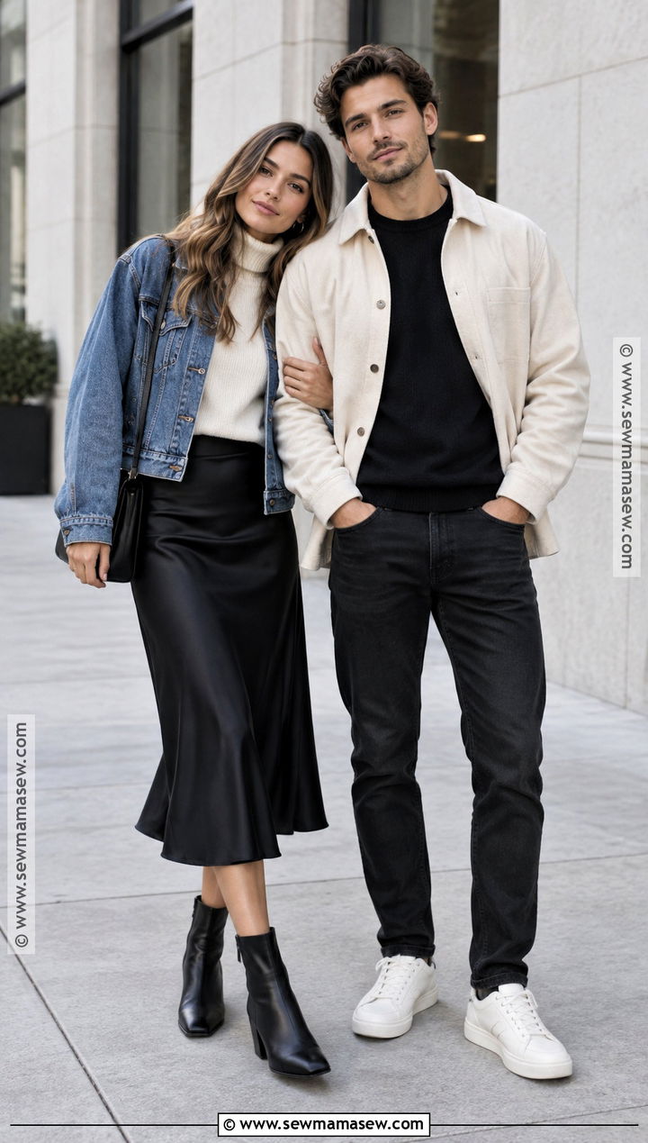 Black Cream and Denim Fall Couple Photo Outfits - 15 Fall Couple Photo Outfits Color Combos