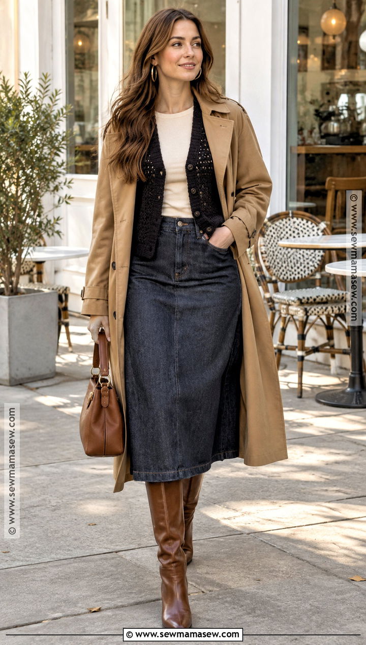 Black Crochet Cardigan With A Denim Skirt - 15 black crochet sweater fall fashion ideas