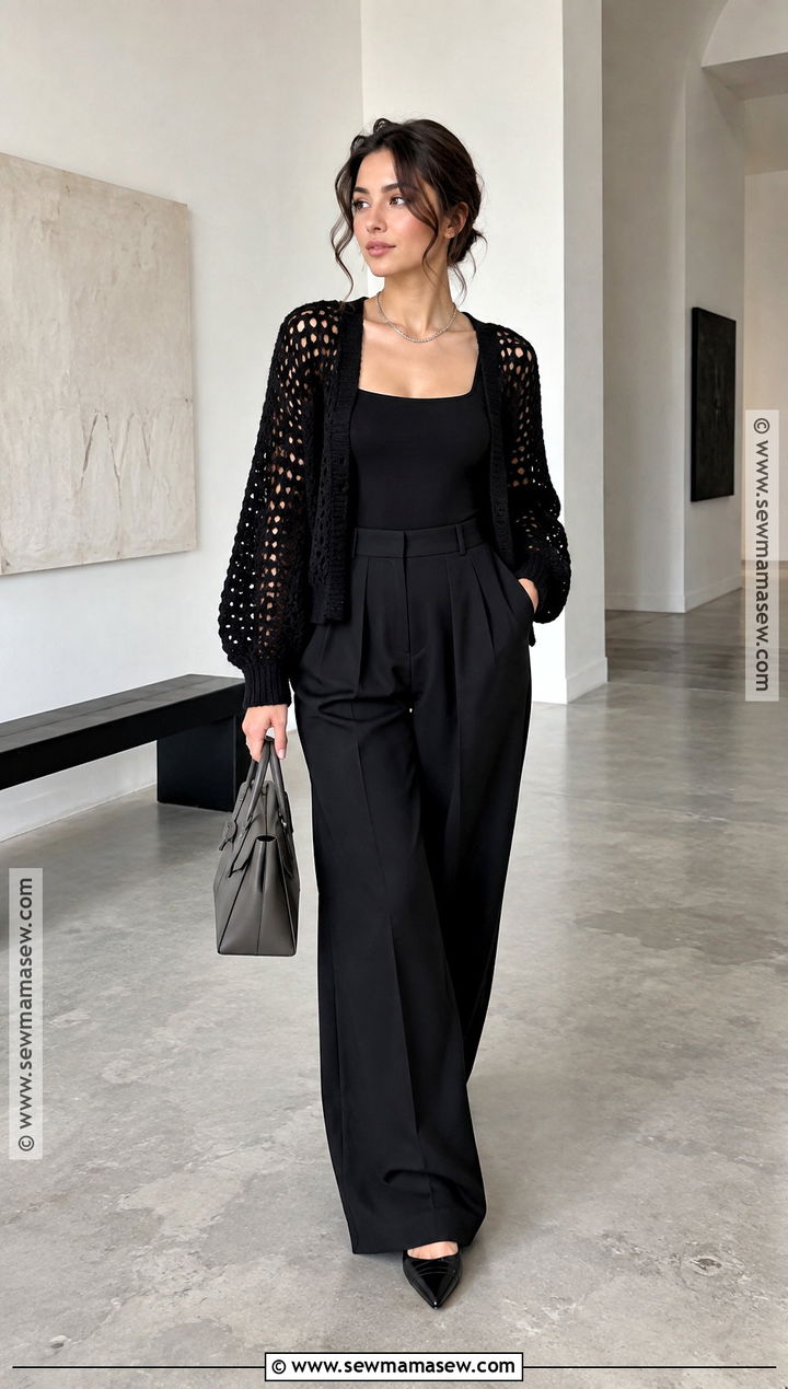 Black Crochet Cardigan With Monochrome Separates - 20 fall crochet cardigan ideas