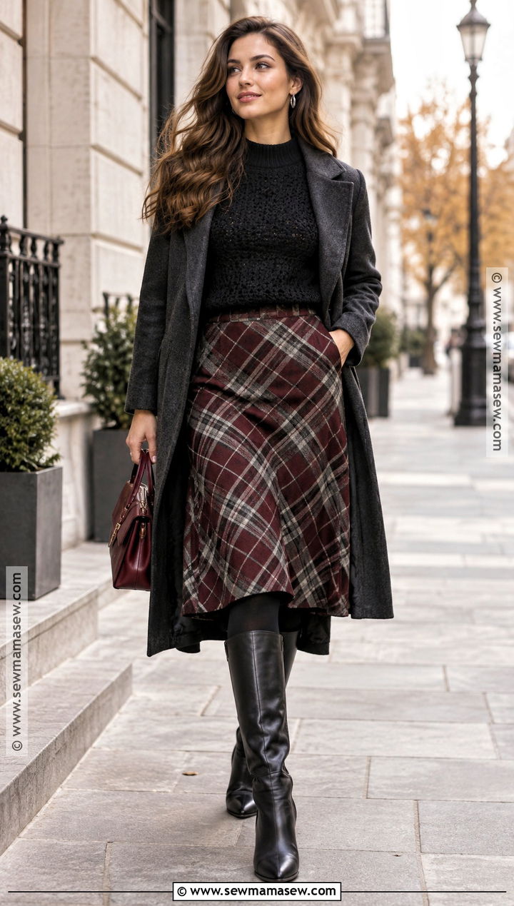 Black Crochet Sweater With A Plaid Skirt - 15 black crochet sweater fall fashion ideas