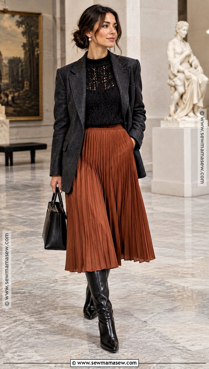 Black Crochet Sweater With Pleated Midi Skirt - 15 black crochet sweater fall fashion ideas